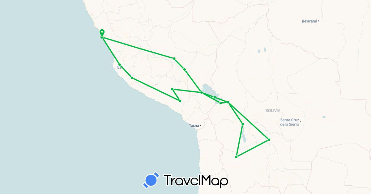 TravelMap itinerary: bus in Bolivia, Peru (South America)